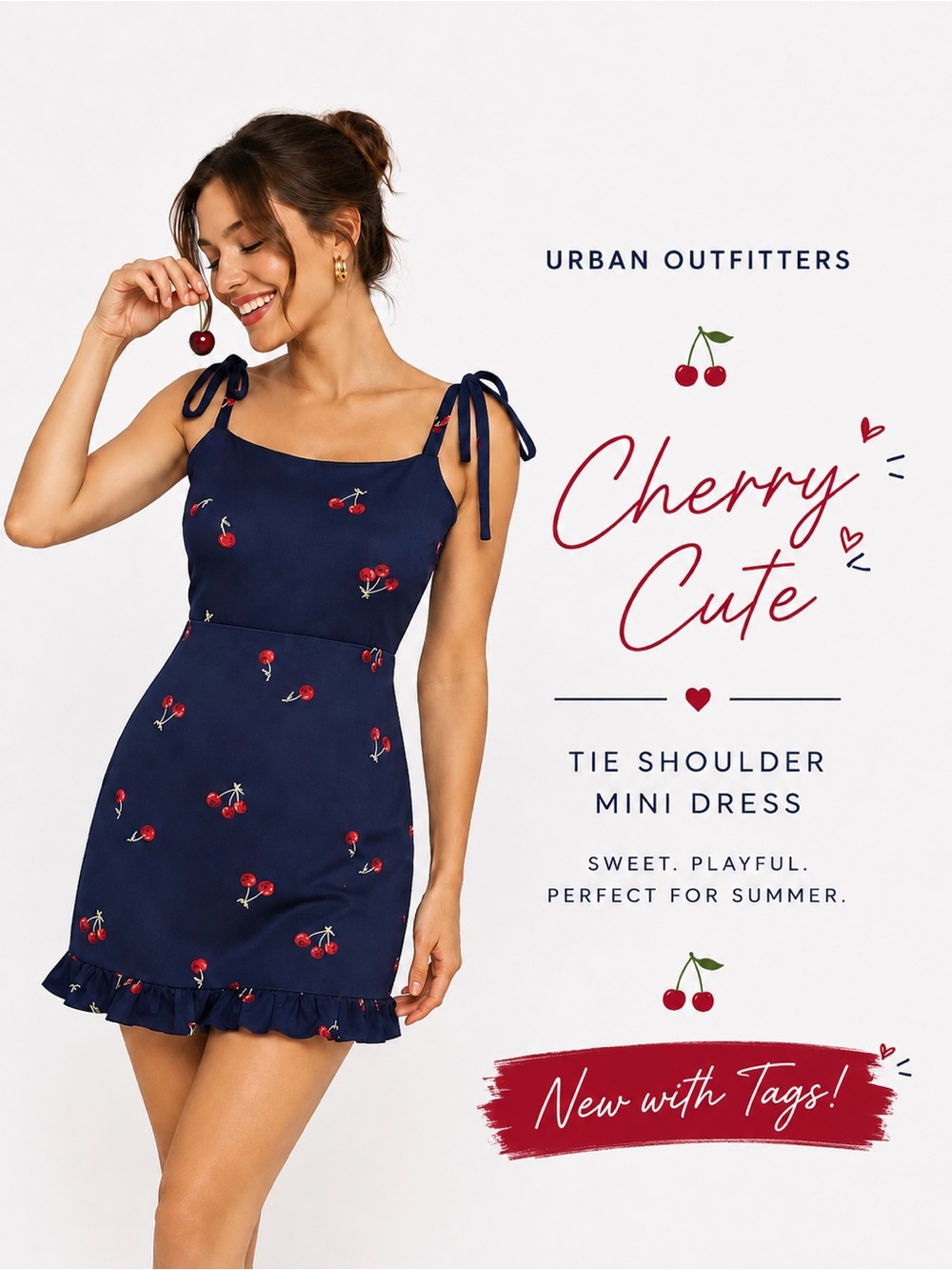 Urban Outfitters Cherries Dress Mini blue red Style Bilina Tie Shoulder NWT Med